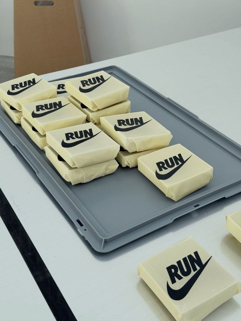 A tray of soap bars wrapped in paper printed with the Nike RUN logo.
